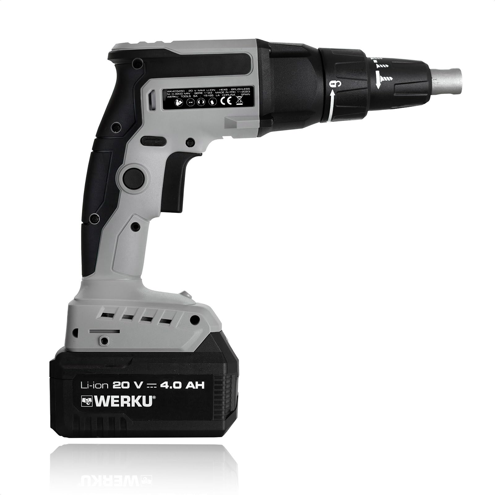 Werku WK403450+WK403470+WK403480, Atornillador Paneles-Placas Inalámbrico, Calidad Profesional, Potencia 20 V, Motor Brushless, Sistema Luz LED Visión, Incluye Batería y Cargador