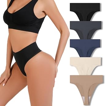 GRANKEE Womens High Waisted Thong No Show Tummy Control Underwear 5 Pack | Modal Crotch Ultra-soft & hygienic, Firm Control Smooths mom pouch, Wide Band Stays put without rolling, Ideal for gym