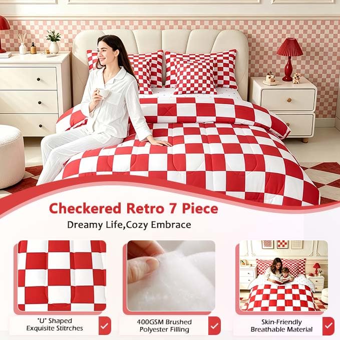 Image of Feelyou Checkered Retro 7 Piece Bedding Set Teen Women Men Red White Plaid Comforter Set with Sheets Full Size Kids Boys Girls Geometric Vintage Bed in a Bag Modern Simple Groovy Aesthetic Room Decor