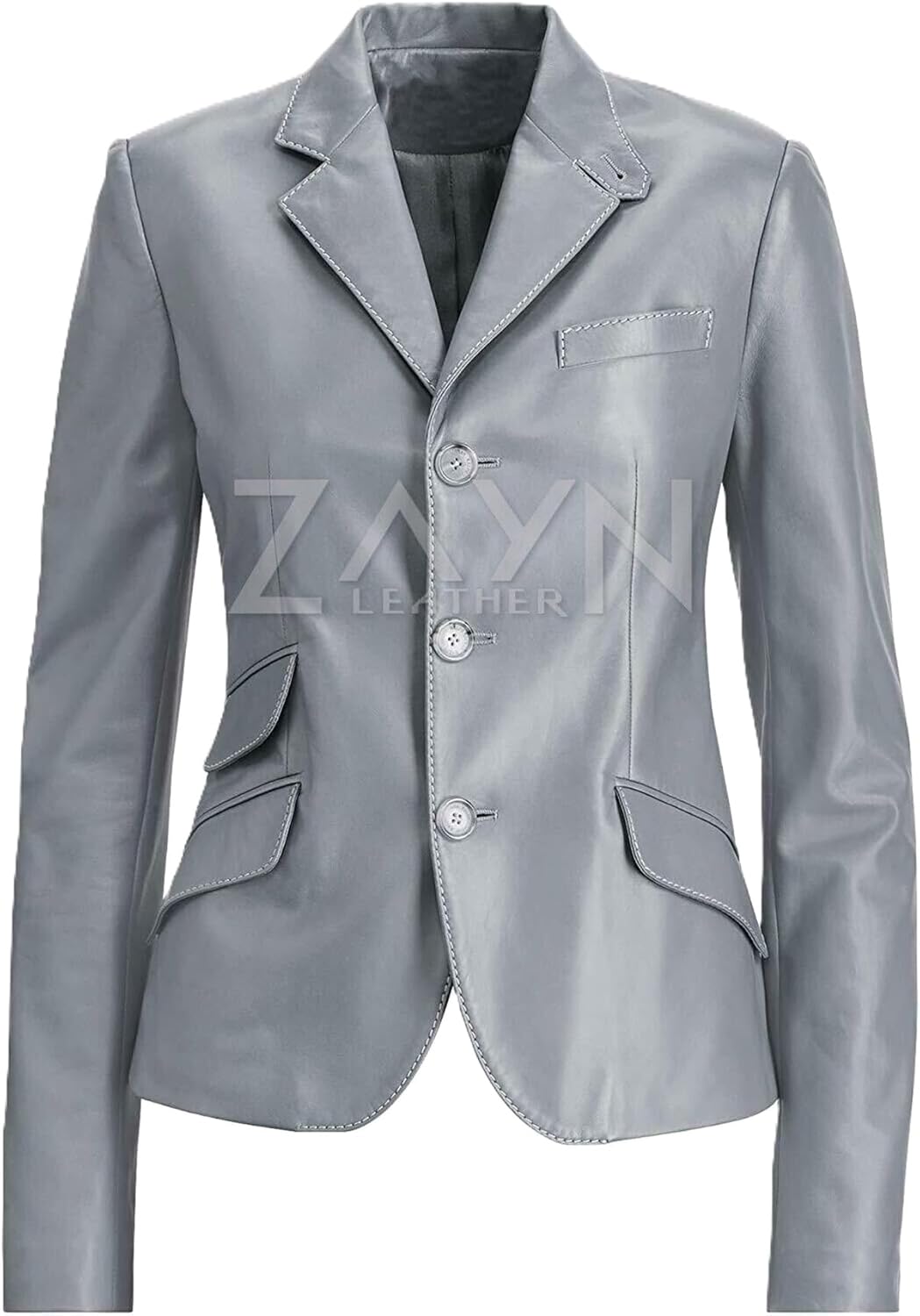 Women's Genuine Lambskin Leather Gray Blazer Three Button Contrast White Stitching Coat Designer Jacket