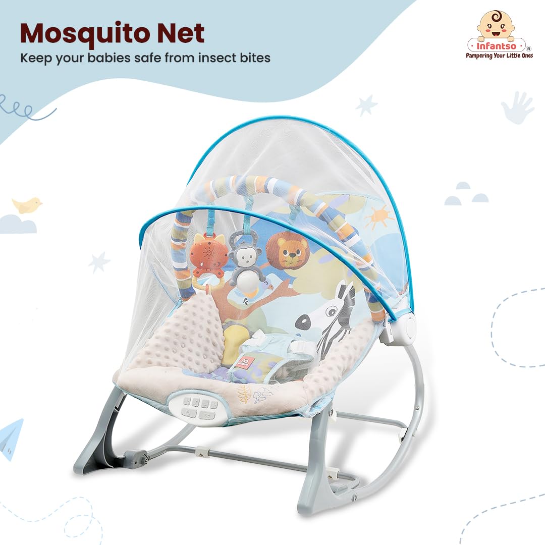 INFANTSO Baby Rocker & Bouncer for 0 to 2 Years (Dark Blue), Portable Rocker for Newborn with Mosquito Net, Calming Vibrations, Soft Music & Hanging Toys - Image 6 thumbnail