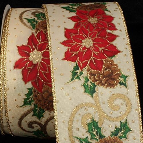 Festive Poinsettia and Pine Cone Gold Swired Holiday Wired Motif Craft Ribbon 2.5 x 20 Yards
