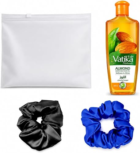 Vatika Almond Hair Oil For Dry Hair With Satin Scrunchies & Hair Ties, Frosted Pouch With Slider Zipper, Gift Set, Hair Care Routine, Travel Set