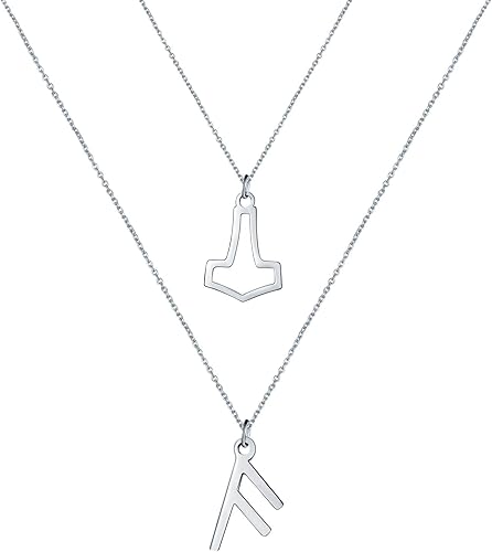 2 piezas de Thor's Hammer Mjolnir + The Elder Futhark Runes Mjolnir colgante para mujer, collar vikingo, cadena chapada en oro de 18 quilates,
