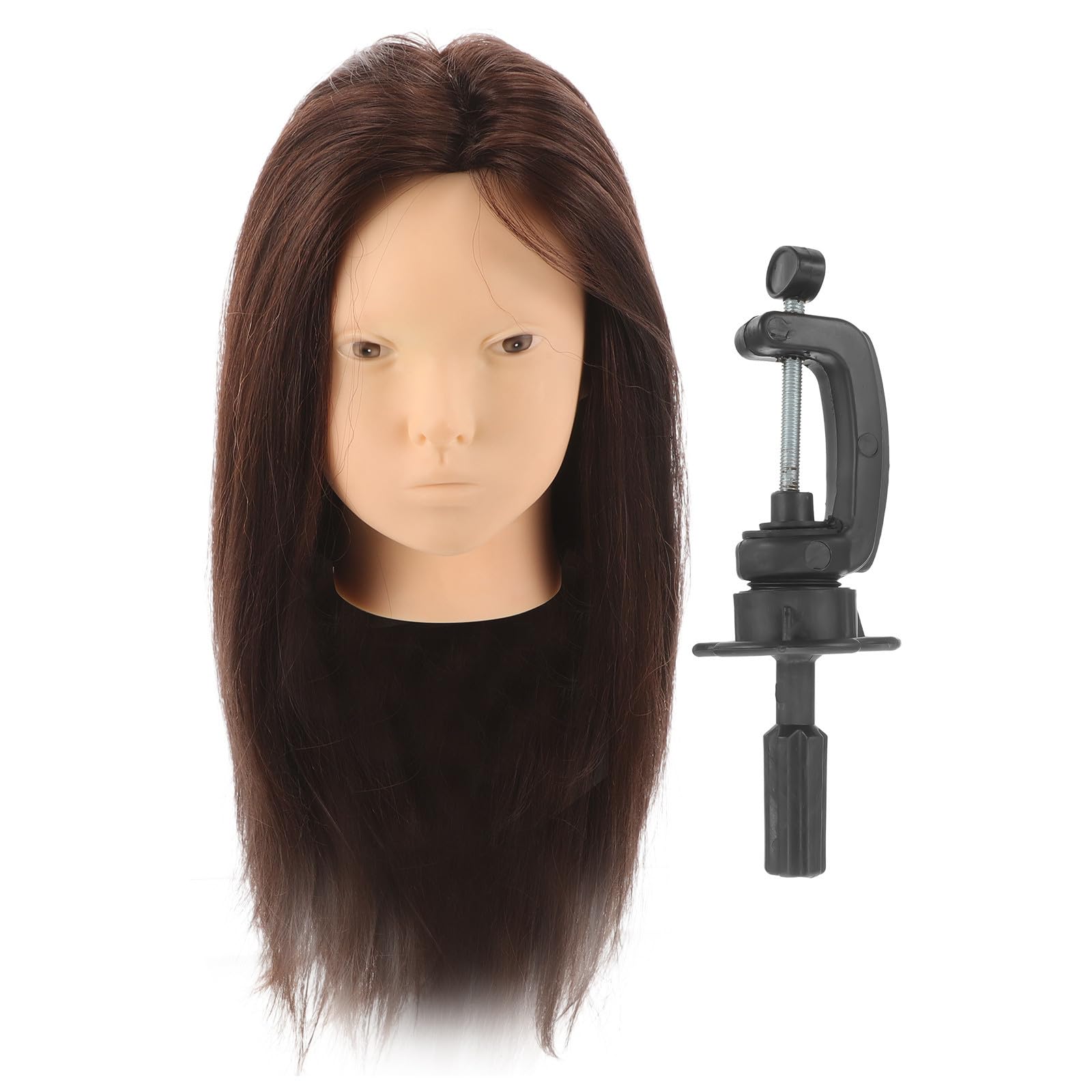 TEHAUX Frisierkopf Echthaar Übungskopf mit Halterung zum Haarstyling und Flechten Glatte Textur für Friseurschule und Salonpraxis