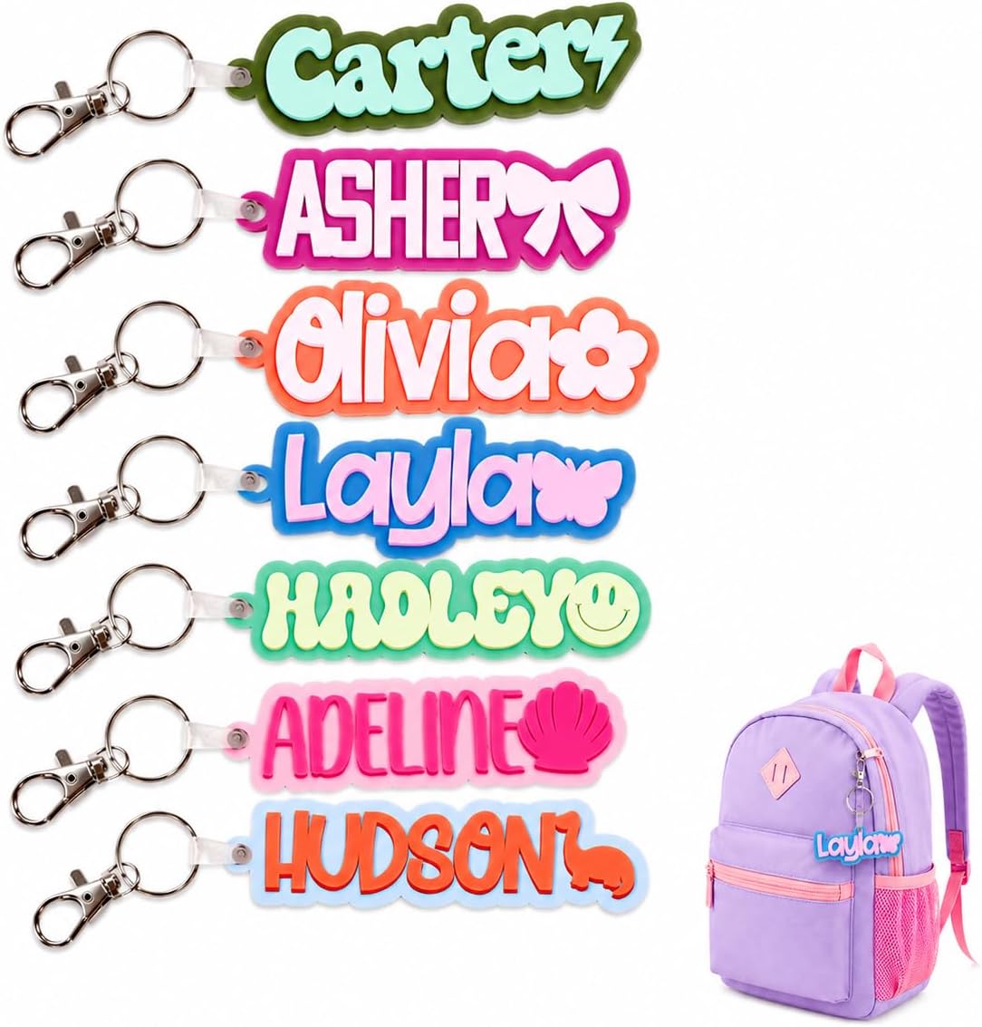 Personalized Name Keychain for Kids — Custom 2-Layer Acrylic Backpack Tag with Icon, 23 Colors 5 Fonts 9 Styles, 3D Name Plate for Lunch Box Water Bottle Diaper Bag, Back to School Gift Party Favor