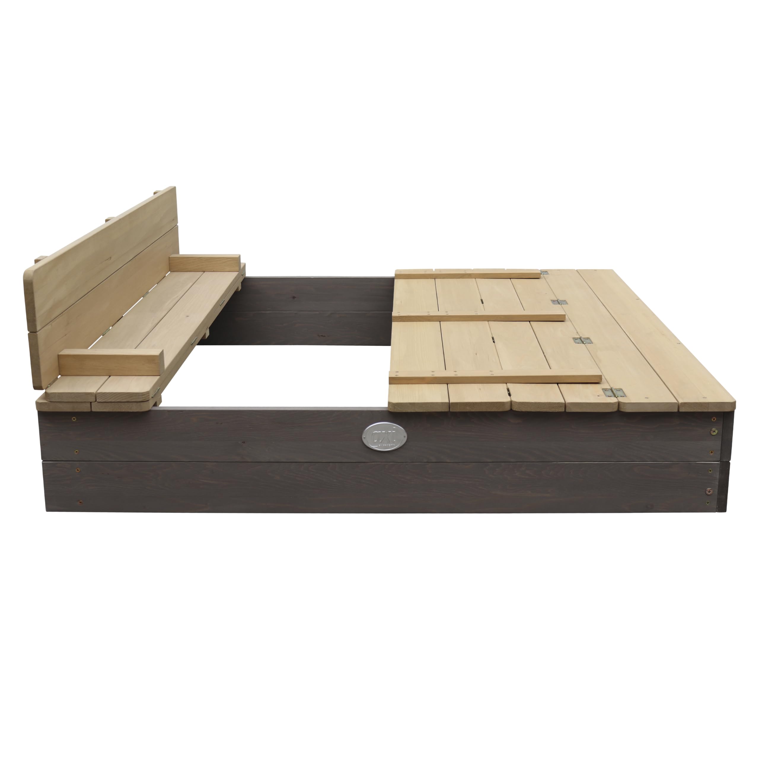 AXI Sandkasten Ella aus Holz mit Deckel XL | Sand Kasten mit Sitzbank & Abdeckung für Kinder in Grau & Braun | 120 x 120 cm