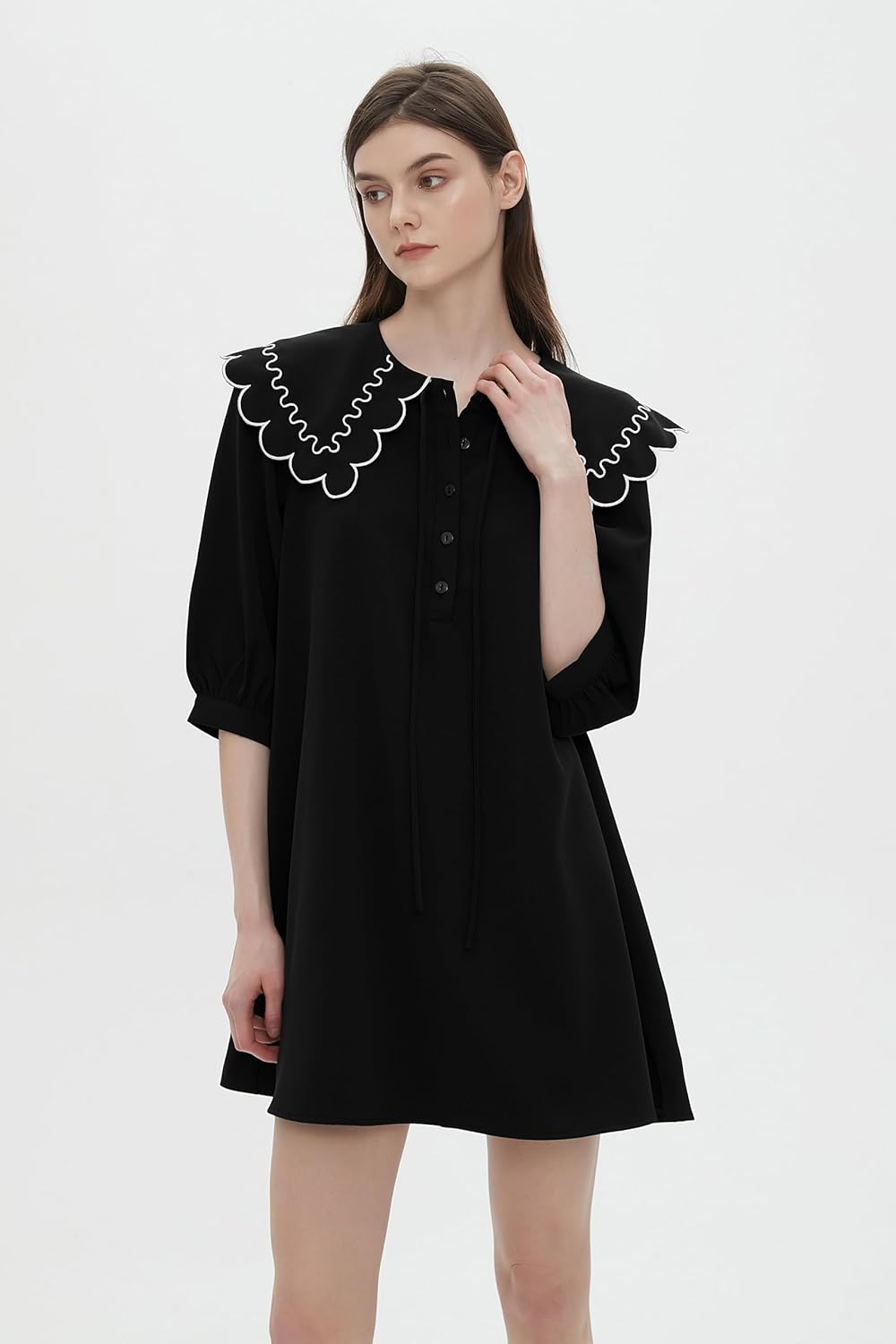 D-Sun Women's Babydoll Dress 3/4 Sleeves Peter Pan Collar Casual Loose A Line Flowy Fall Mini Dress - Image 2