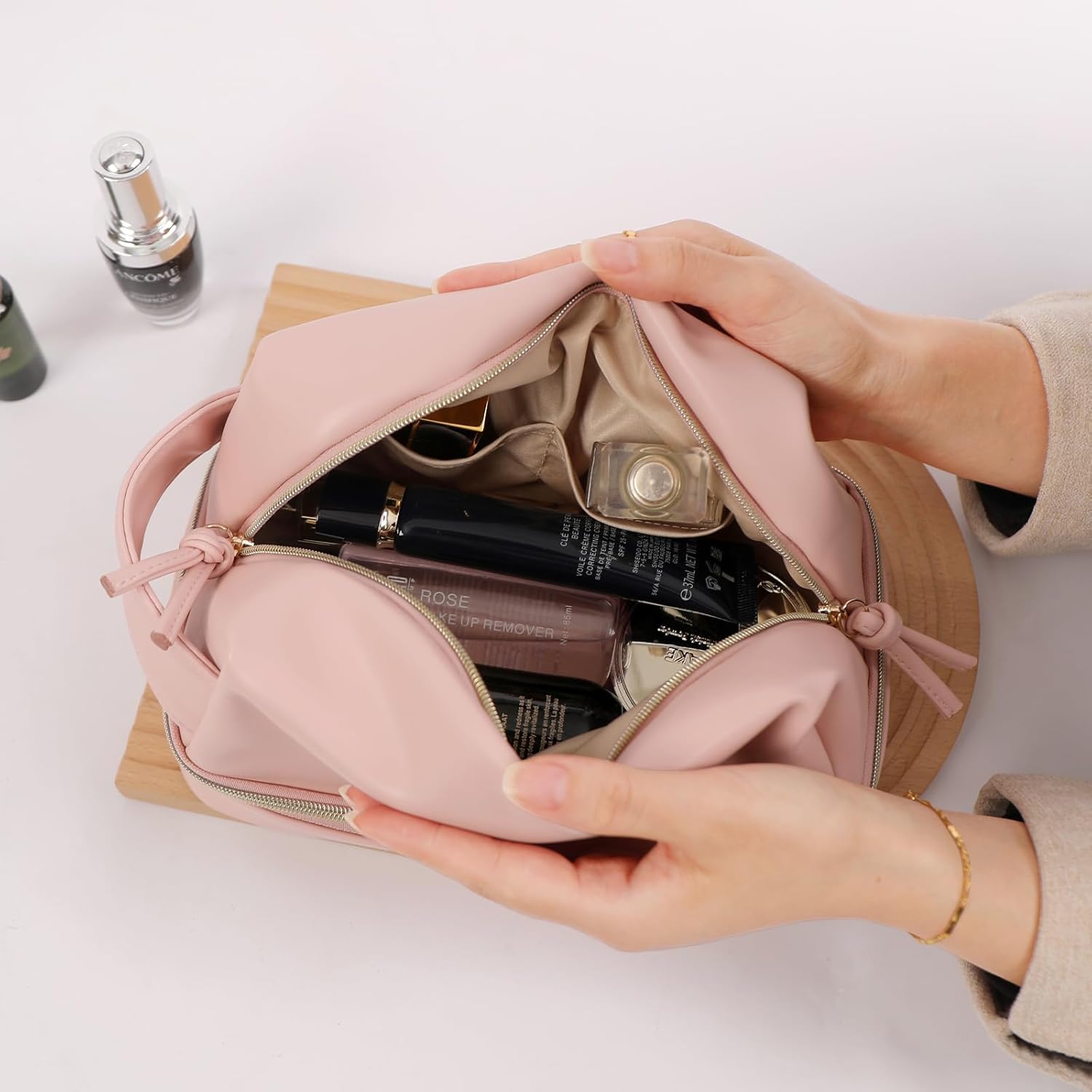 Double Layer Makeup Bag, Large Waterproof Travel Bag with Handle and Brush Compartment for Women (Light Pink)