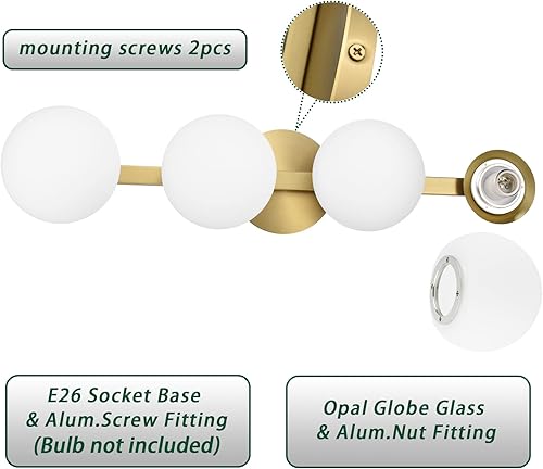 Miniatura 4 de Lámpara de tocador de baño, moderna lámpara de pared de 4 luces de globo de latón envejecido, lámpara de montaje en pared de porche para baño,