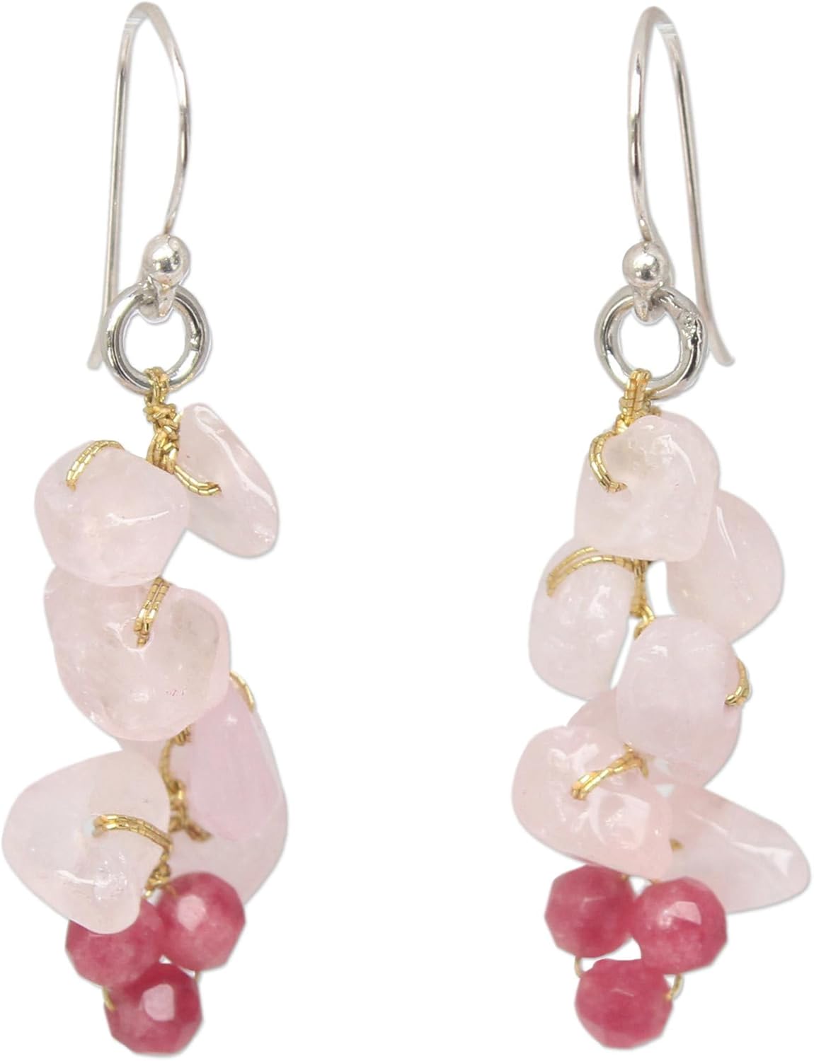 NOVICA Artisan Handmade Rose Quartz Cluster Earrings Beaded Sterling Silver Pink Thailand Strawberry Ice Birthstone [1.7 in L x 0.5 in W] ' Afternoon Pink'