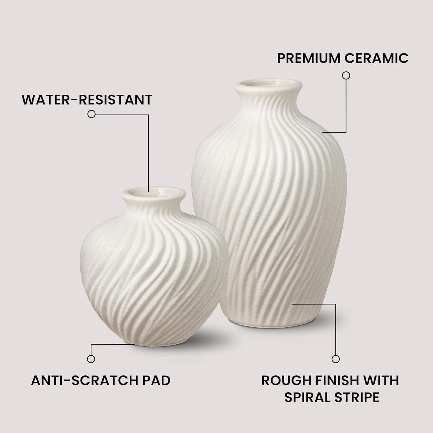 White Ceramic Vase Set of 2 - Modern Flower Vases for Home Decor - Rustic Textured White Vase for Living Room Decor - 8.65×5.5 & 5.5×5.5 Inch Round Vases for Dining Table Centerpiece Decoration - Image 2