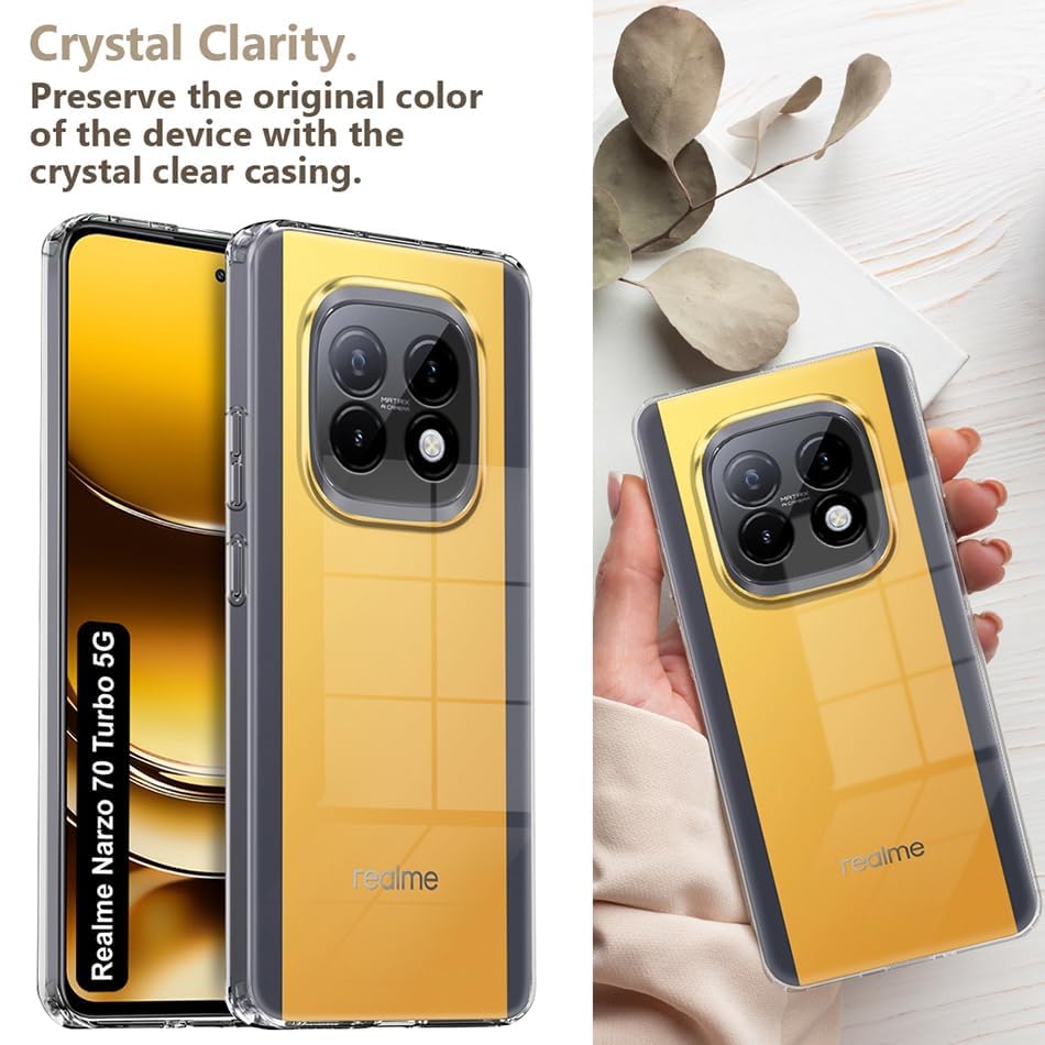 Image of Fashionury Crystal Clear Case for Realme Narzo 70 Turbo 5G | Yellowing Resistance | Transparent TPU Silicone | Raised Camera Lips | Slim Transparent Cover