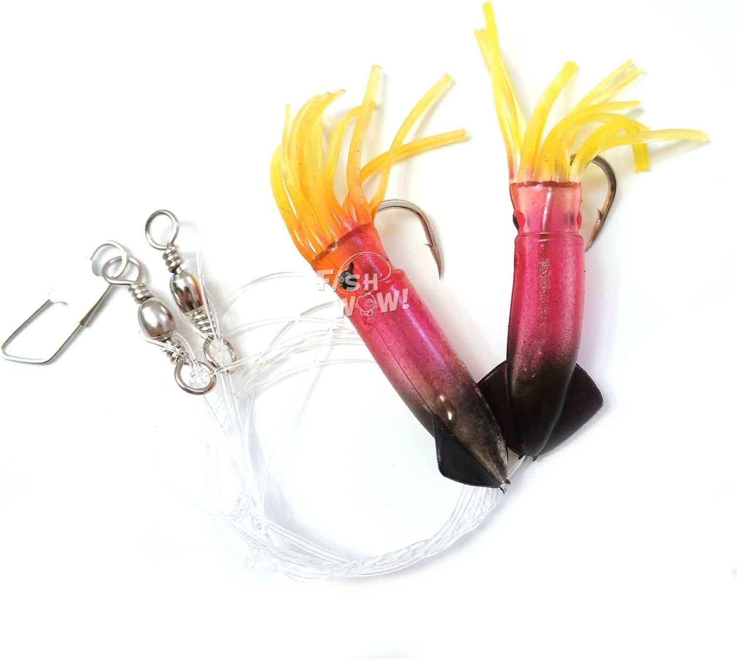 10 Packs - 3" Fishing Rock Cod Rig Twin Bulb Squids Rockfish Bait Soft Lure -5 Colors- Pink, Purple, Blue, Red/Black, Glow in The Dark