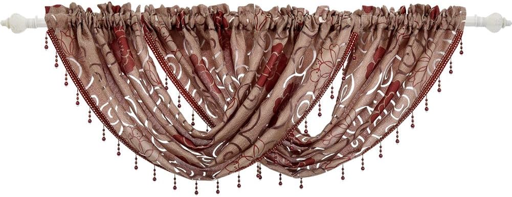 NAPEARL Beaded Kitchen Window Valance Curtains-Waterfall Swag Curtains with Floral Pattern, Premium Jacquard Sheer Valance for Bathroom Small Window, 1 Piece ( 57 x 37 Inch, Red )
