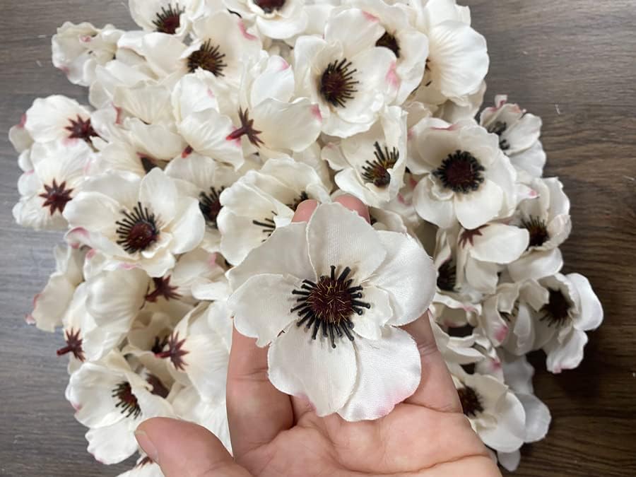 Rikyo 100 pcs Artificial Silk Poppy Anemone Flower Heads Autumn Fake Poppy Flower,Vase Fillers,Corsages for Wedding Decor,Nursery Wall,Archway Decor Wreath Garland Cake Ornaments (White) - Image 2