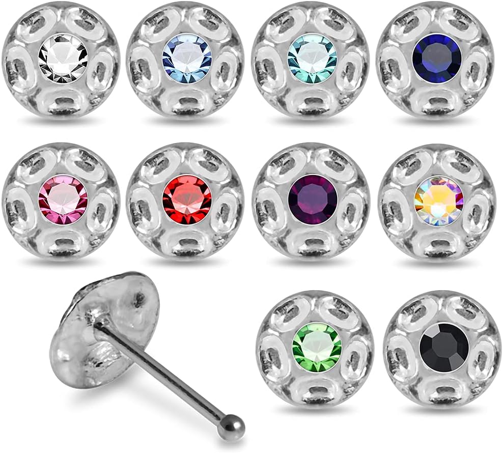 20 Pieces Box Set Tribal Shield with Crystal Stone Design 22 Gauge 925 Sterling Silver Nose Pin - Nose Stud - Tiny Nose Ring - Nose Piercing Body Jewelry