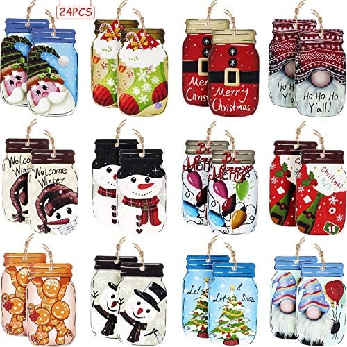 Jetec 24 Pieces Christmas Tree Ornaments Wooden Mason Jar Shaped Wood Christmas Hanging Slices Pendants Embellishments Tags for Tree Wall Party Decoration (Classic Style)