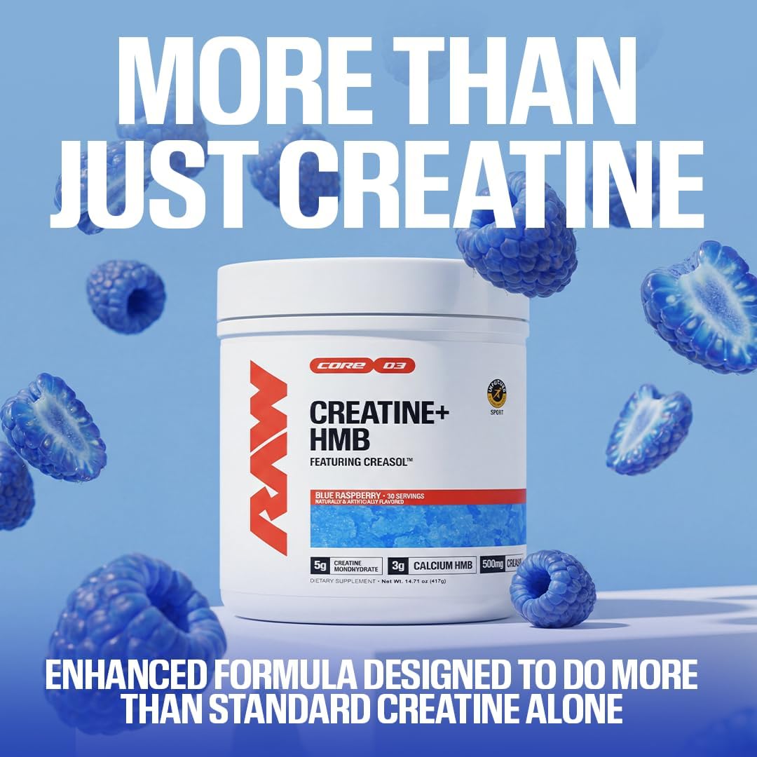 RAW Creatine Plus, Blue Raspberry, Creatine HMB, Monohydrate Powder with HMB & No Added Sugar - Muscle Mass Growth, Strength Building & Enhanced Energy, 30 Servings