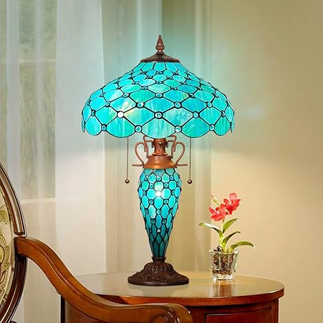 Capulina Capulina Tiffany Lamp Stained Glass Table Lamp 16x16x24 Inches 3-Light Seagrass Blue Beads Style Mother-Daughter Vase Desk Reading Light Decor for Home Office Bedroom Living Room photo 2