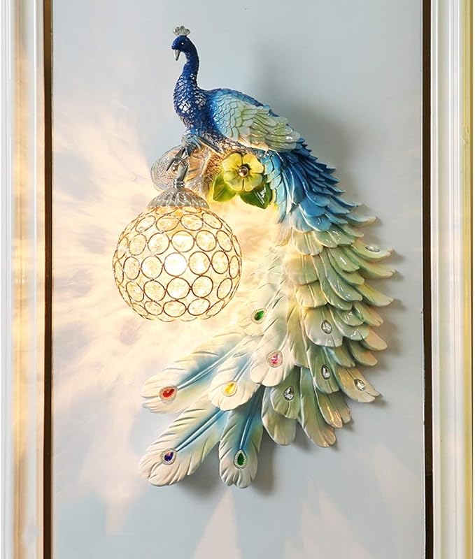 TOMYEUS Binnenwandlamp Peacock Wandlamp Hars Europese Retro Wandlamp Creatieve Smeedijzeren Crystal Decoratieve lampen Wandlamp (links en rechts 2) Wandkandelaar (Color : C) photo 3