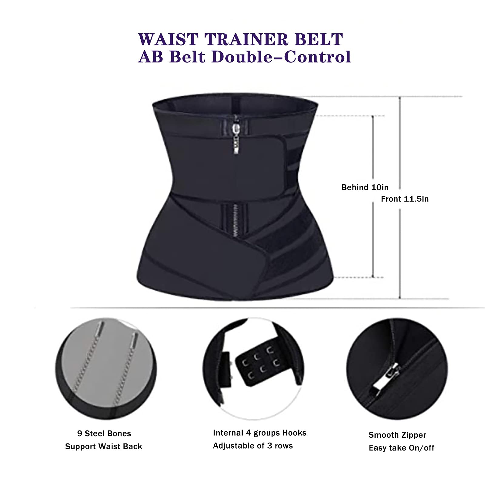 WHSPORT Femme Ceinture de Sudation Ajustable en Sauna Néoprène Ceinture de Minceur Sport Gaine Amincissante Ventre Plat Serre Taille Corset Sculptant Réglable Ceinture Abdominale Zip