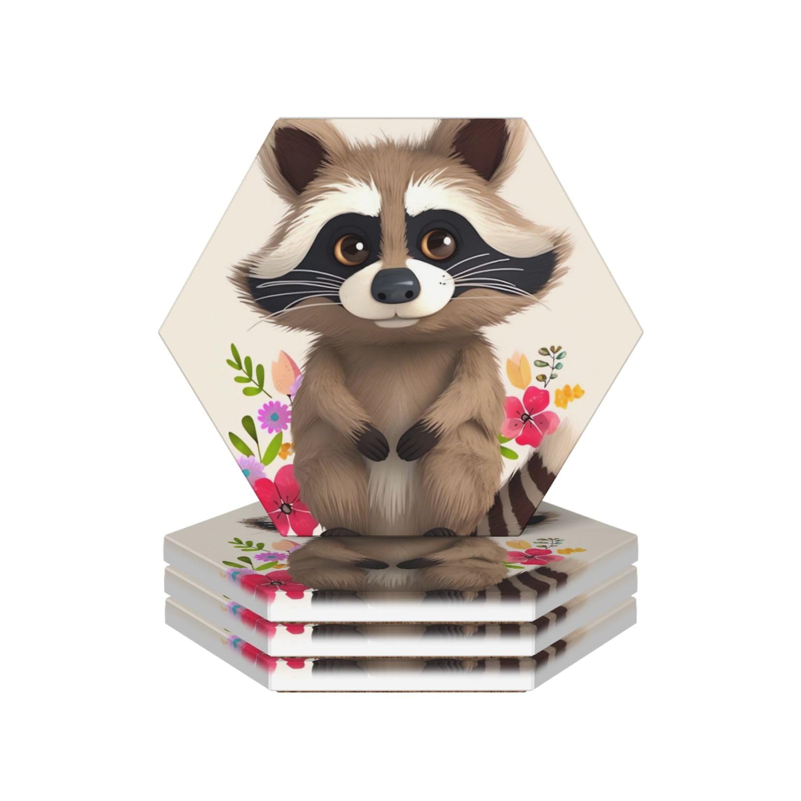 Drink Coasters 4Pcs Round CeramicCoaster with Holder raccoon Coasters for Drinks Coffee Cup Mat Heat Resistant Coaster for Tabletop Protection Desk Accessories Office Home Decor