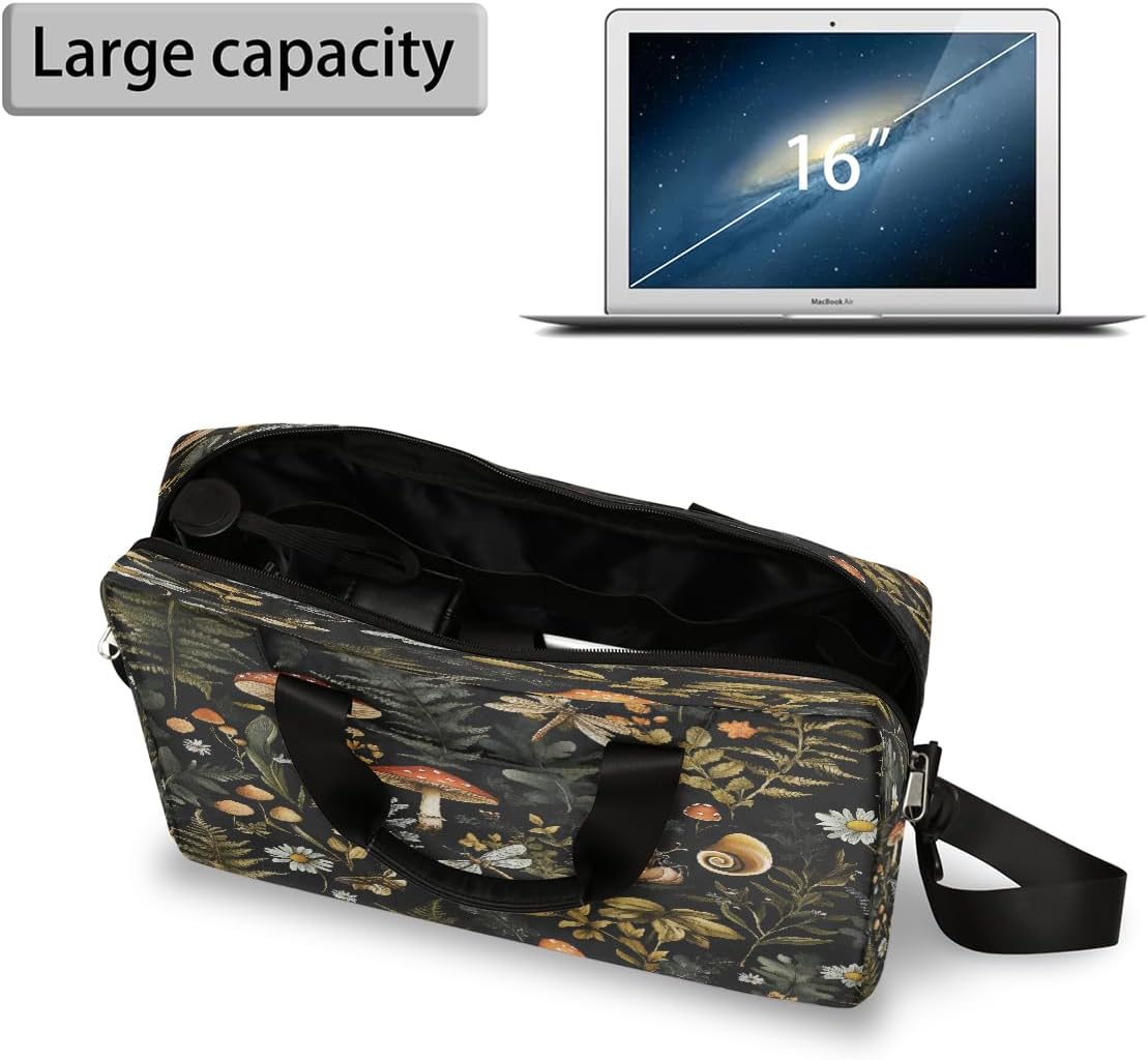 Forest Mushroom Leaves Laptop Bag Carrying Case 15.6 Inch Laptop Briefcase Messenger Shoulder Bag for Tablet Computer Bag for Travle Business Men Women