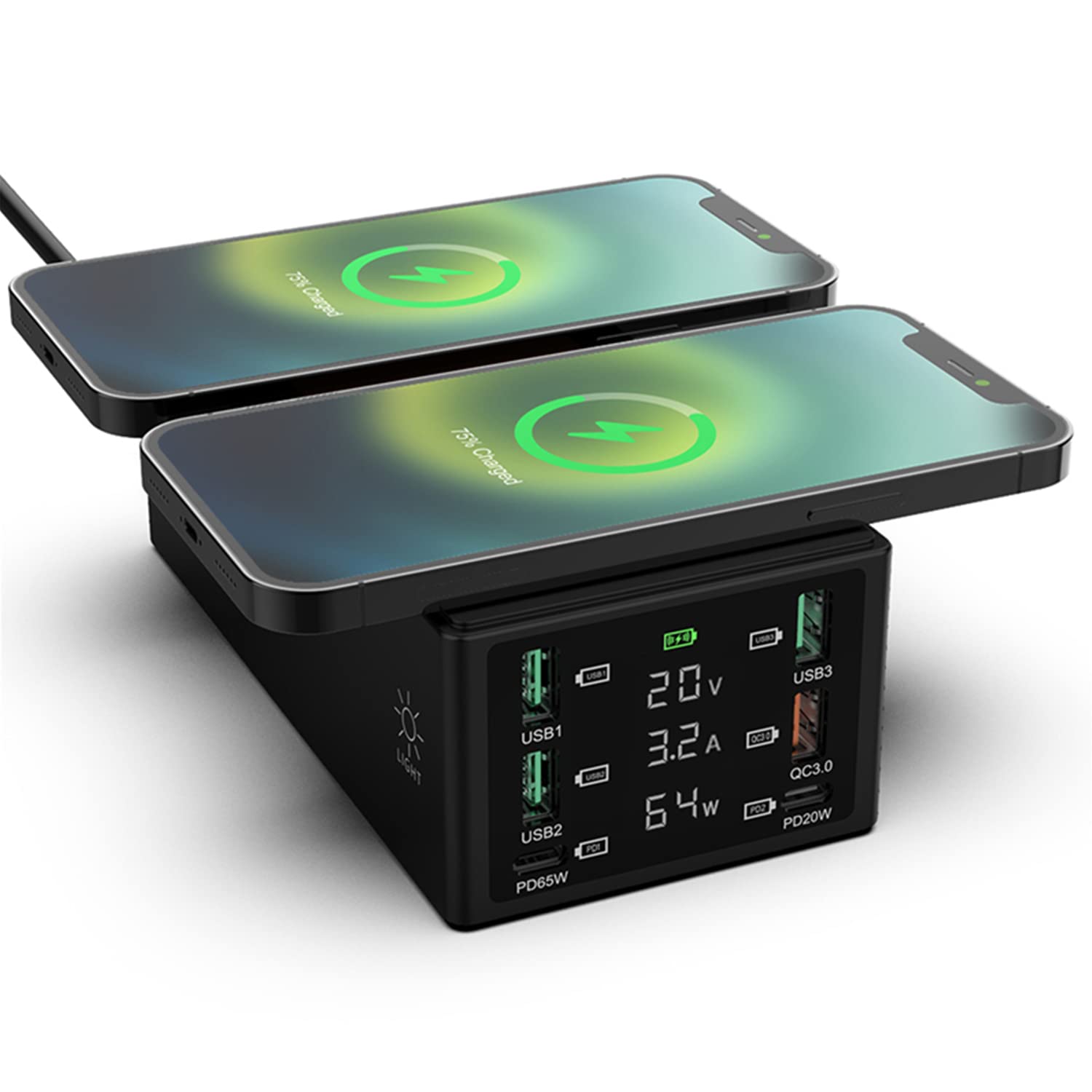 Caricatore USB 150W 6 porte stazione di ricarica rapida con Quick Charge 3.0 e doppia ricarica wireless per smartphone e tablet, display LCD
