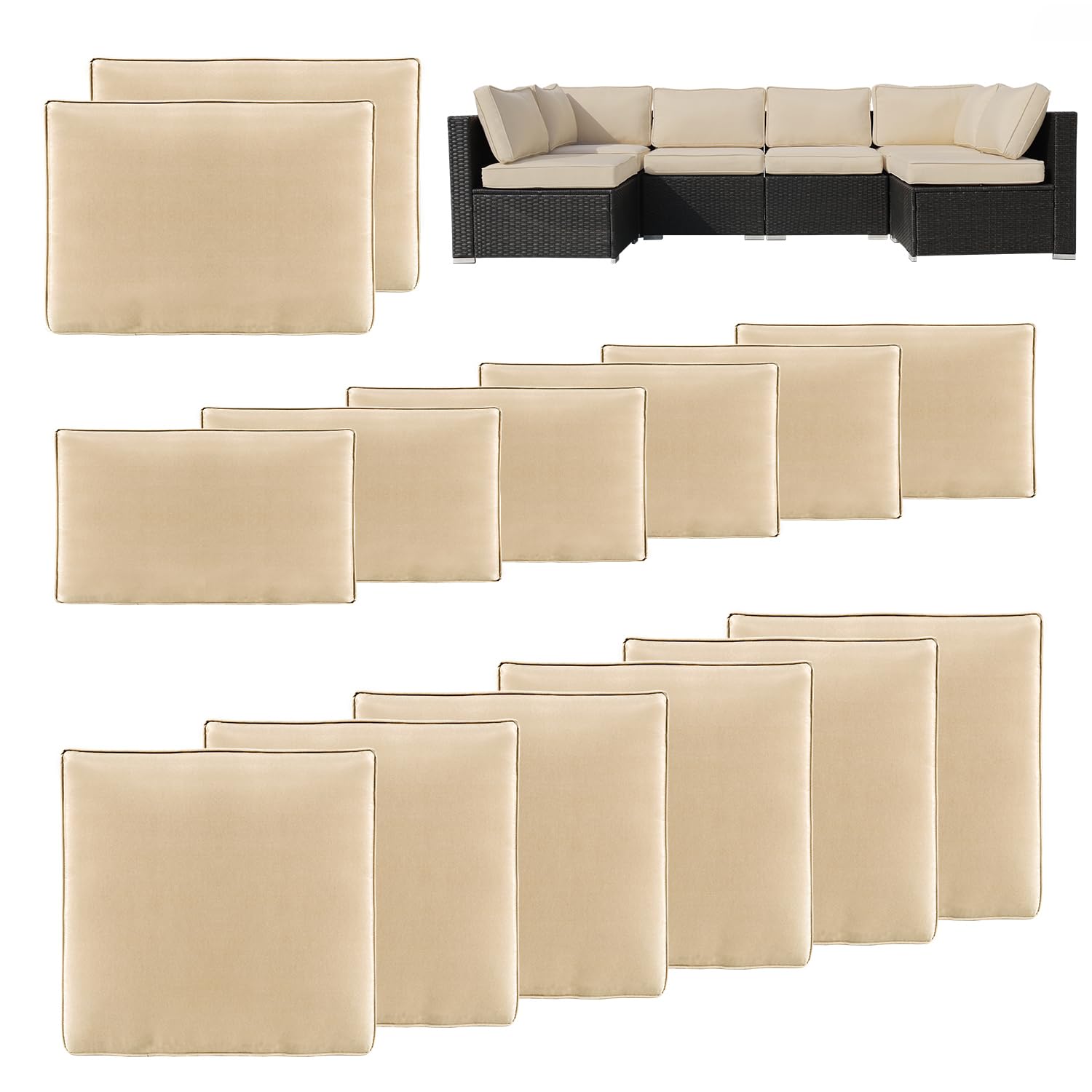 14 Pcs Patio Cushion Covers Replacement Waterproof Outdoor Cushion Covers Replacement Patio Furniture Cushion Covers with Zipper 25.6×25.6×3.9In(Beige(Only Cover)