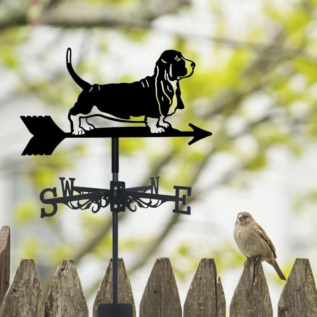 Basset Hound Weathervane Art Silhouette Black Metal Pet Dog Wind Vanes Outdoors Decorations Garden for Roof Yard Building (A)