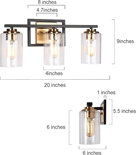 Miniatura 2 de ZEVNI Lámpara de tocador de baño de oro negro, 3 luces modernas con pantallas de vidrio sembrado, 20 x 9 x 6 pulgadas