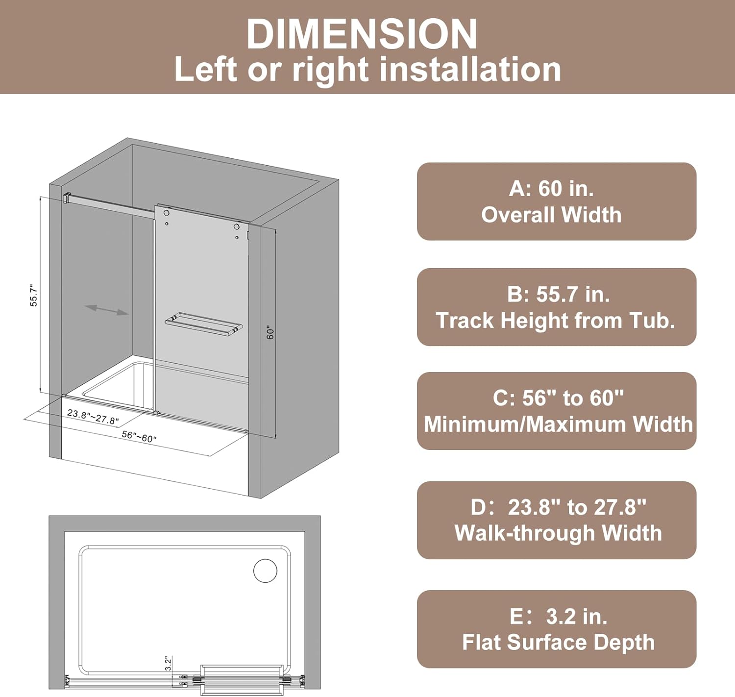 56-60" W x 60" H Double Sliding Bathtub Shower Door, 5/16" (8mm) Tempered Glass Frameless Bypass Shower Glass Door for Tub, Double Nano Coating, Pull Towel Rack (Chrome)