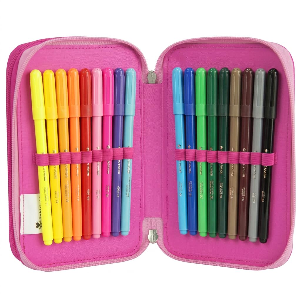 Tokidoki – Estuche escolar oficial Tokidoki, estuche con 3 compartimentos para niña y niño con juego de papelería, bolígrafo borrable azul, práctico cierre de cremallera, 20 x 13 x 7 cm, rosa,