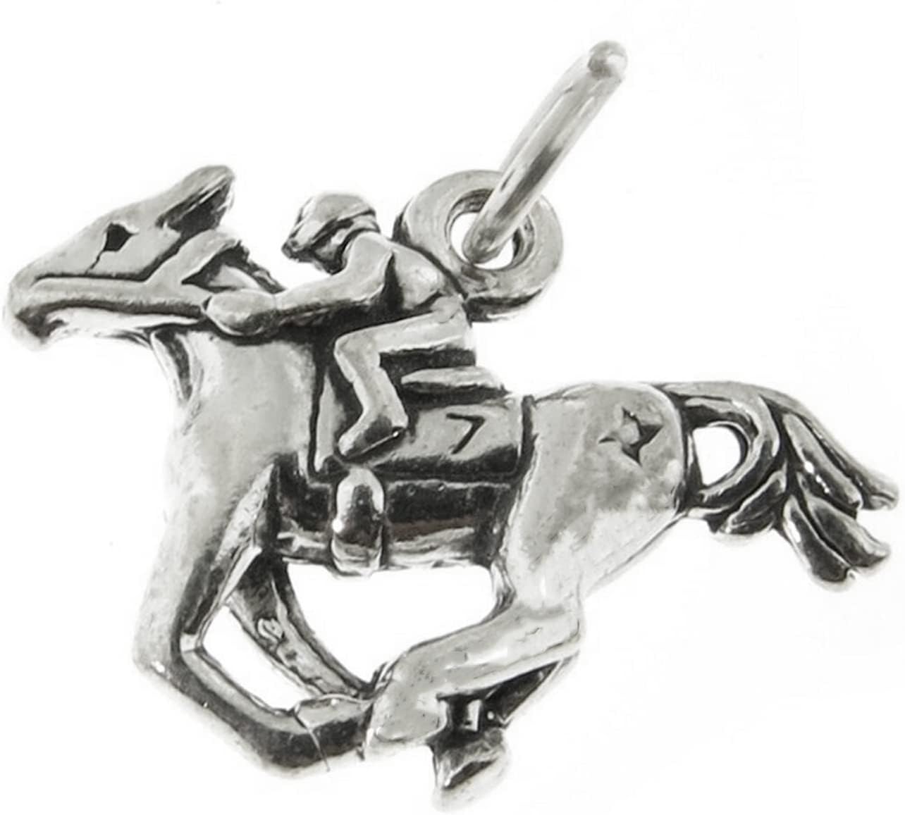 Race Horse and Jockey Riding 3D 925 Solid Sterling Silver Charm Pendant Bracelet Jewelry Making Supply