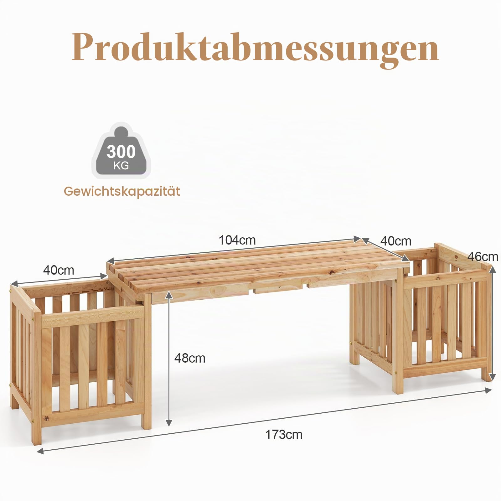 HOMASIS 2 in 1 Blumenkasten mit Gartenbank, 2-Sitzer Sitzbank mit 2 Pflanzkästen, 2 Pflanzkübel mit Bank aus Massivholz, Outdoor Holzbank Gartenmöbel für Garten Hof Terrasse (Natur, 173x40x48 cm)