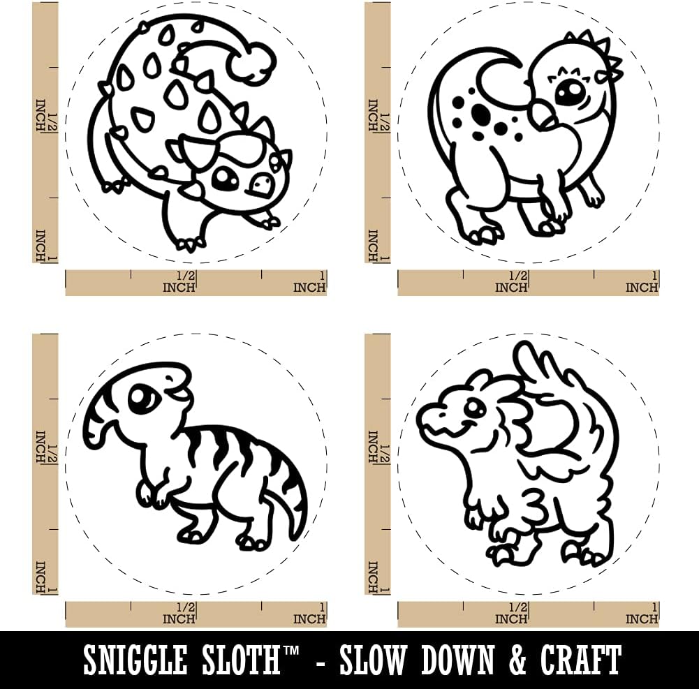 Chibi Style Dinosaurs Raptor Ankylosaurus Rubber Stamp Set for Stamping Crafting Planners - 1 Inch Medium