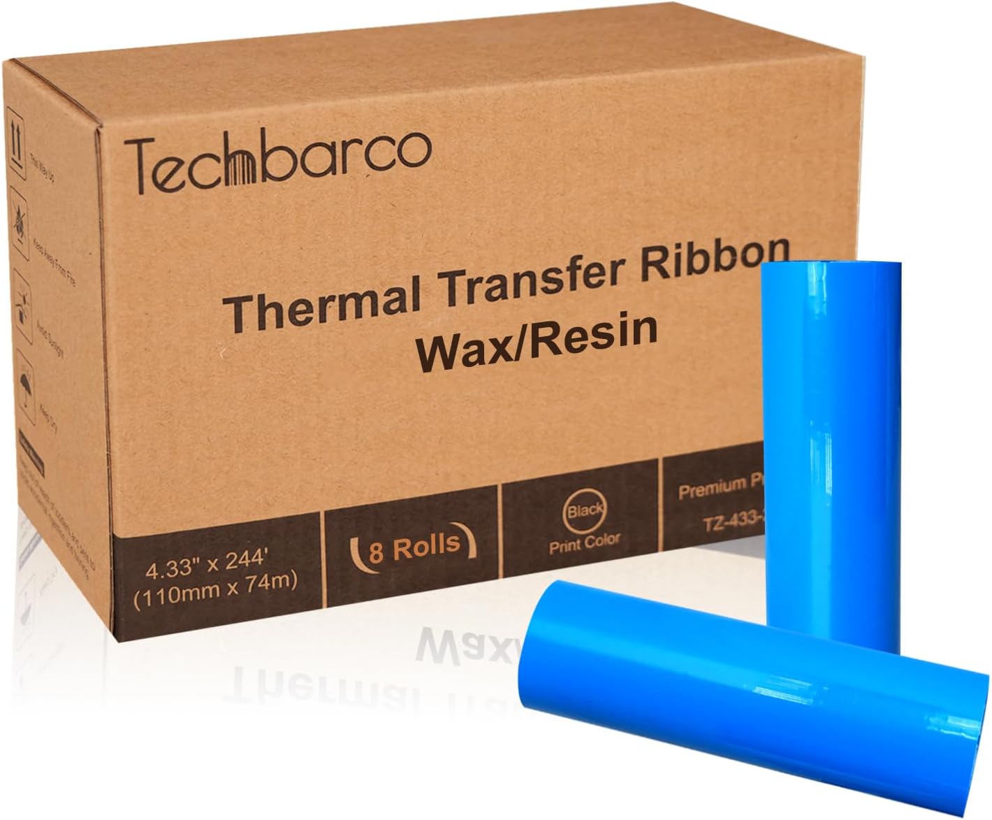 8 Rolls Wax/Resin Desktop Thermal Transfer Ribbons, 4.33" x 244'(110mm x 74m), 0.5”Core, for Zebra Desktop Printer