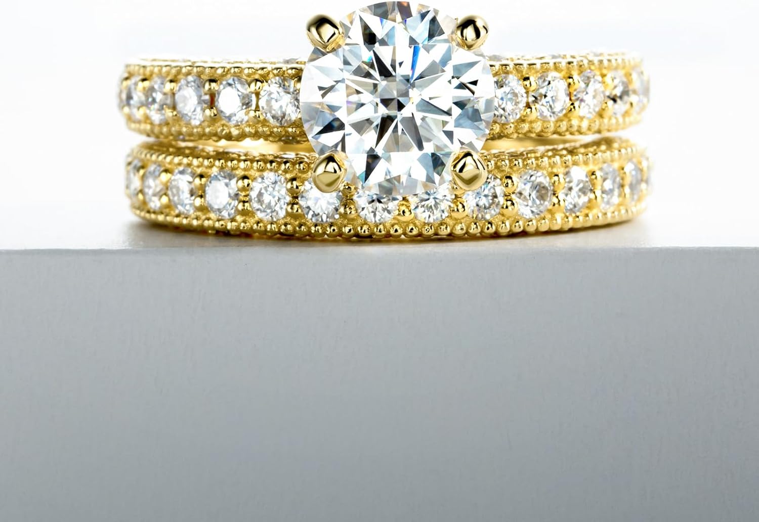 Idocare Main stones 1ct/2ct All Moissanite Rings Set for Women D Color Round Cut 14K Yellow Gold Plated 925 Sterling Silver