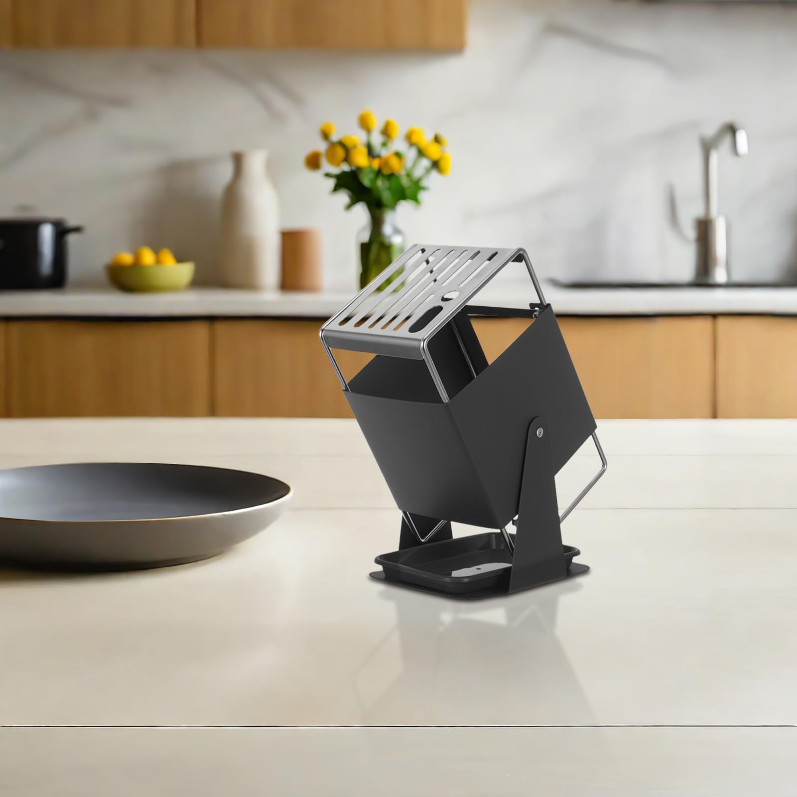 Bloc à Couteaux Rotatif en Acier Inoxydable Gris 1 Pièce Support à Couteaux Cuisine avec Fentes Réglables Organiseur Compact pour Ciseaux et à Aiguiser Rangement Vertical