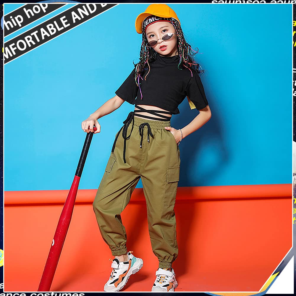 Ropa Niña Top Corto Hiphop Moda + Pantalones Cargo Conjunto 2 Piezas Traje Jazz Color Sólido para Edad 3-17 Años