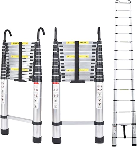 Escalera telescópica de aluminio de 16.5 pies, escalera extensible con 2 ganchos desmontables, portátil, ligera, diseño de bloqueo de seguridad,
