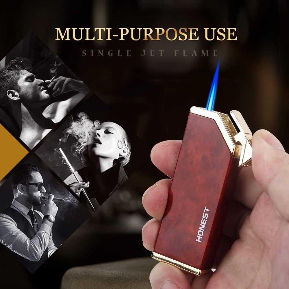 PROMISE Jet Torch Cigar Lighter, Single Flame Windproof Butane Fuel Cigarette Lighter (Brown Grain)