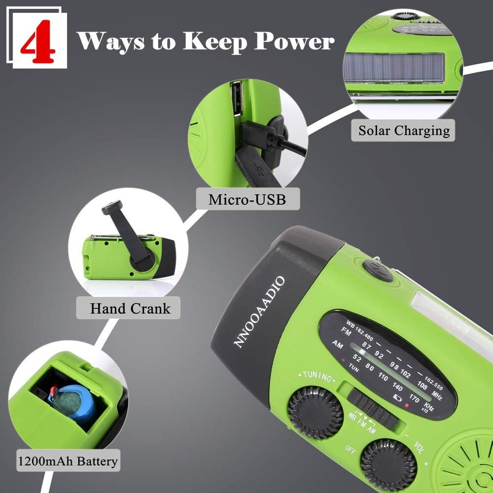 1200mAh Emergency Weather Radio, 3LED Hand Crank Solar Battery Operated Wind Up Radio Flashlight, NOAA AM FM Portable Radio Cell Phone Charger Survival Kit (Green) : Electronics