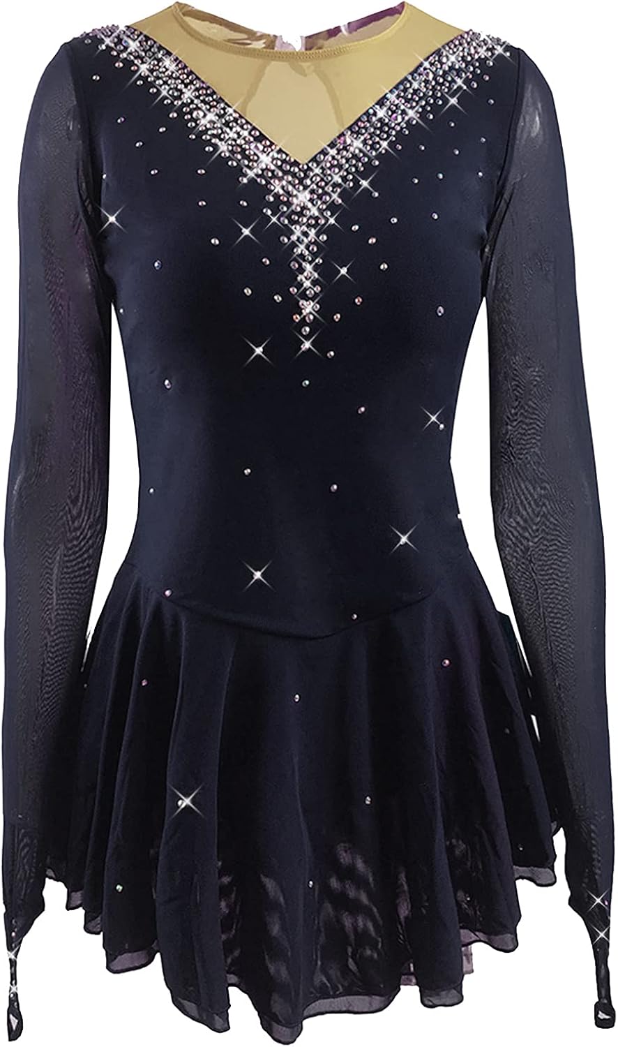 LIUHUO Girls' Ice Figure Skating Dress Stretch Mesh Diamond Hook Sleeves Four Colors : Clothing, Shoes & Jewelry