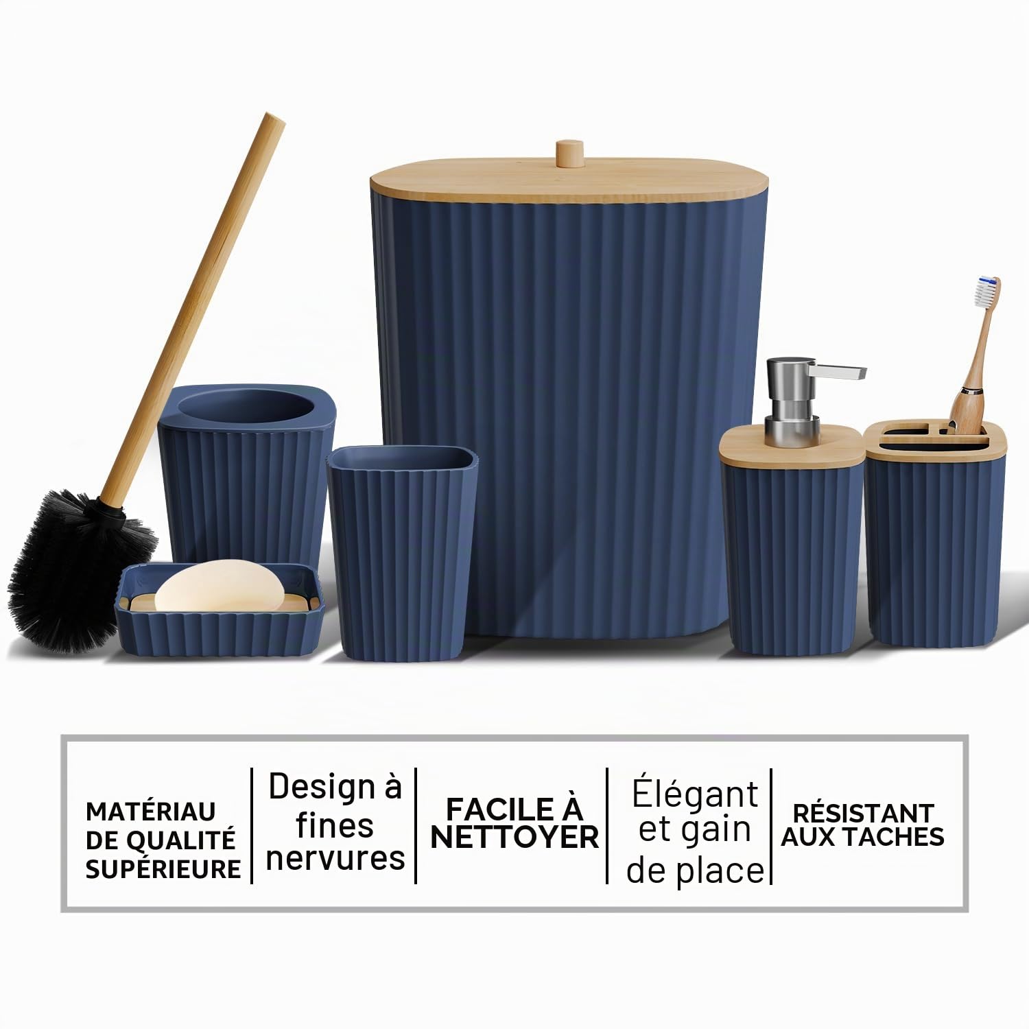 Clara Clark Ensemble d'accessoires de Salle de Bain 6 pièces avec Brosse WC, Poubelle et Distributeur de Savon Bleu Marine