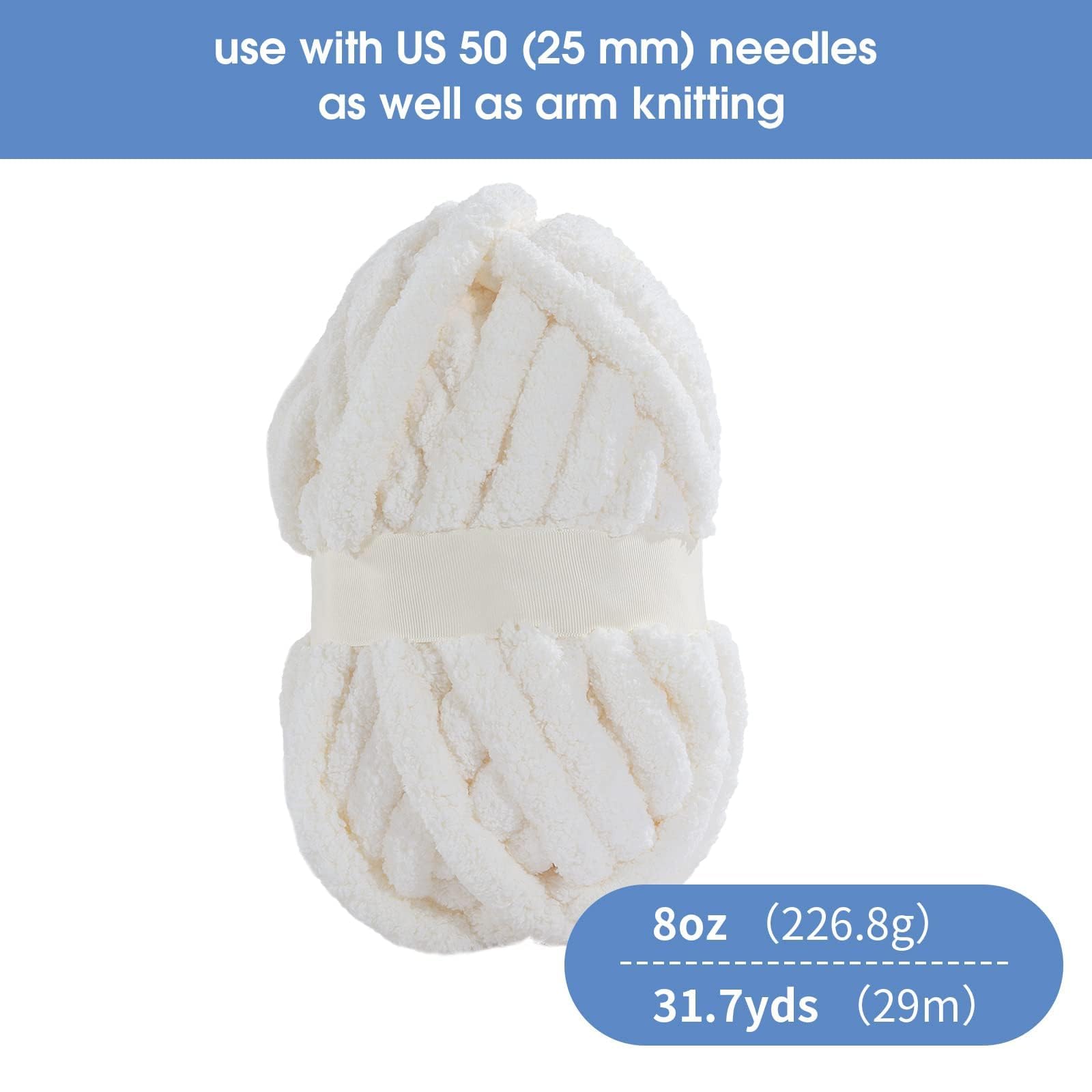 Hombys Filato di ciniglia grossa bianca per uncinetto e lavoro a maglia, filato super voluminoso per coperte, morbido peluche, 6 confezioni Jumbo (27 m, 226,8 g ciascuna)