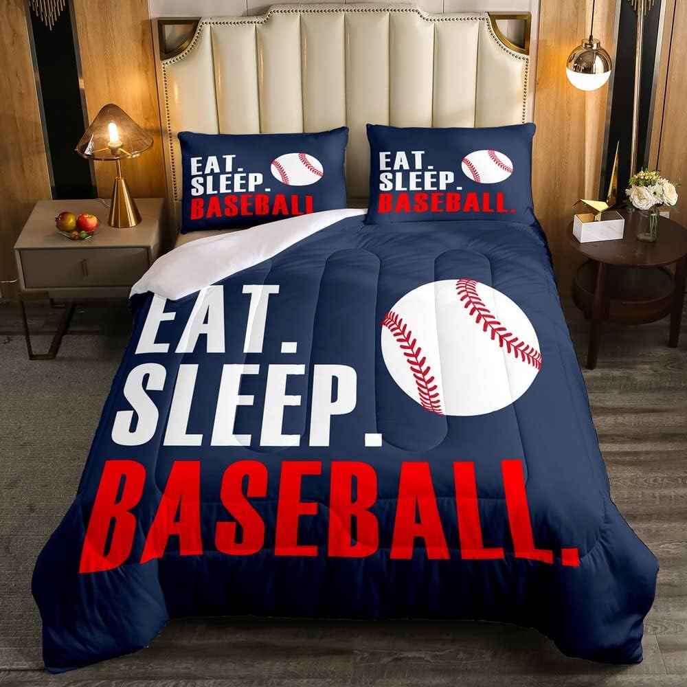 Feelyou Baseball Comforter 3D Ball Sports Bedding Set for Boys Girls Women Men Blue Eat Sleep Baseball Comforter Set Ball Games Room Decor Twin Size Quilt Set 2Pcs Multi 47 Twin