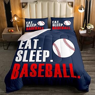 Baseball Comforter 3D Ball Sports Bedding Set for Boys Girls Women Men Blue Eat Sleep Baseball Comforter Set Ball Games Room Decor Full Size Quilt Set 3Pcs
