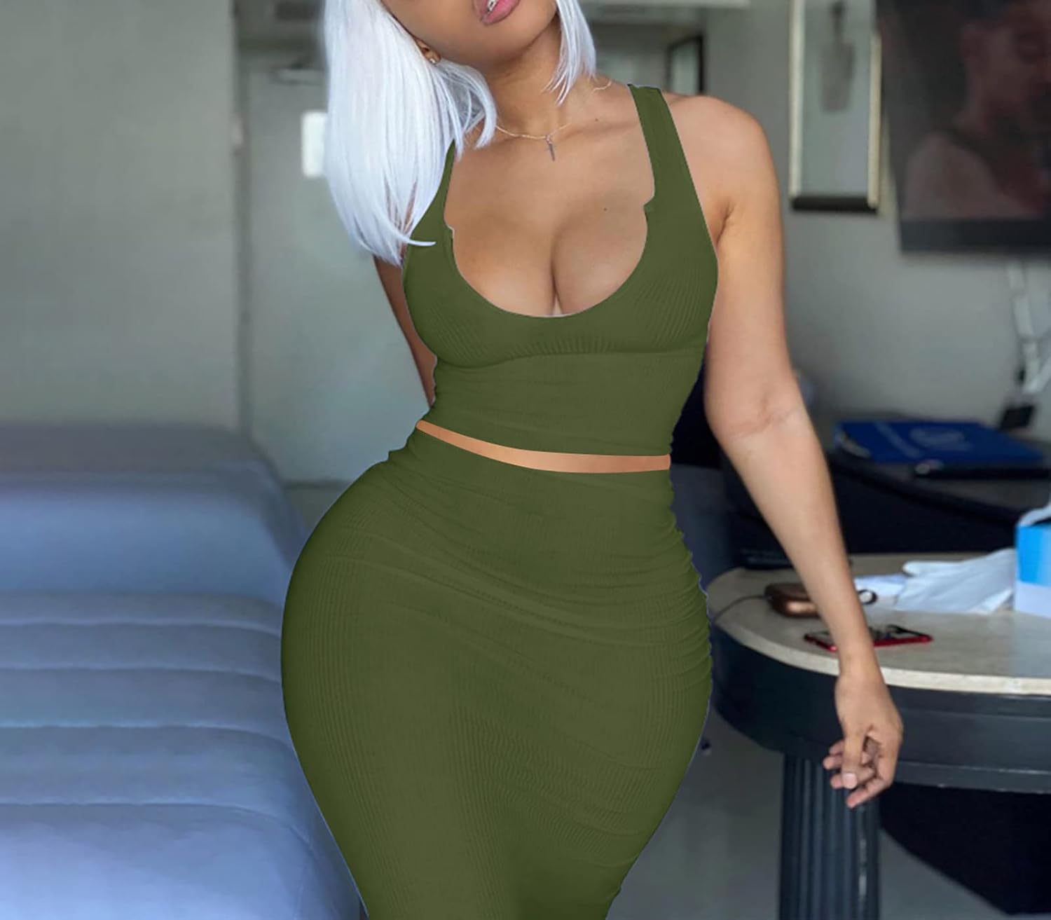 Womens Sexy Summer Scoop Neck Ribbed 2 Piece Outfits Dress Crop Tank Top Maxi Long Skirt Set Beach Party Dress - Image 4